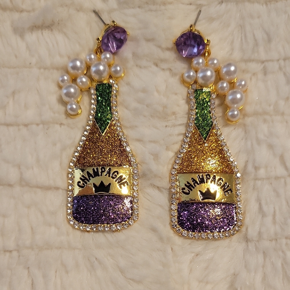 Champagne Bottle Earrings with Pearl Bubbles - Purple, Green, Gold